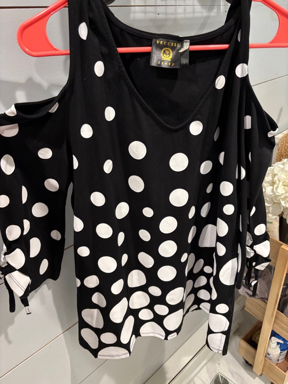 Vecceli Italy Black & White Polka Dot Cold-Shoulder Blouse